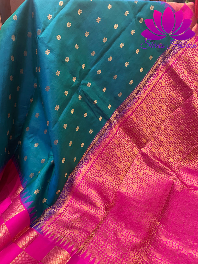 Peacock Blue With Rani Pink Colour Combination Kanchipuram Silk Saree - Shrees  Fashion Australia