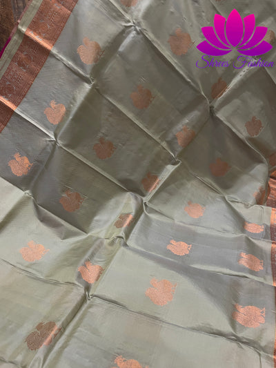 Grey with Rani Pink Copper Zari Butta Design Kanchipuram Silk Saree - Shrees  Fashion Australia