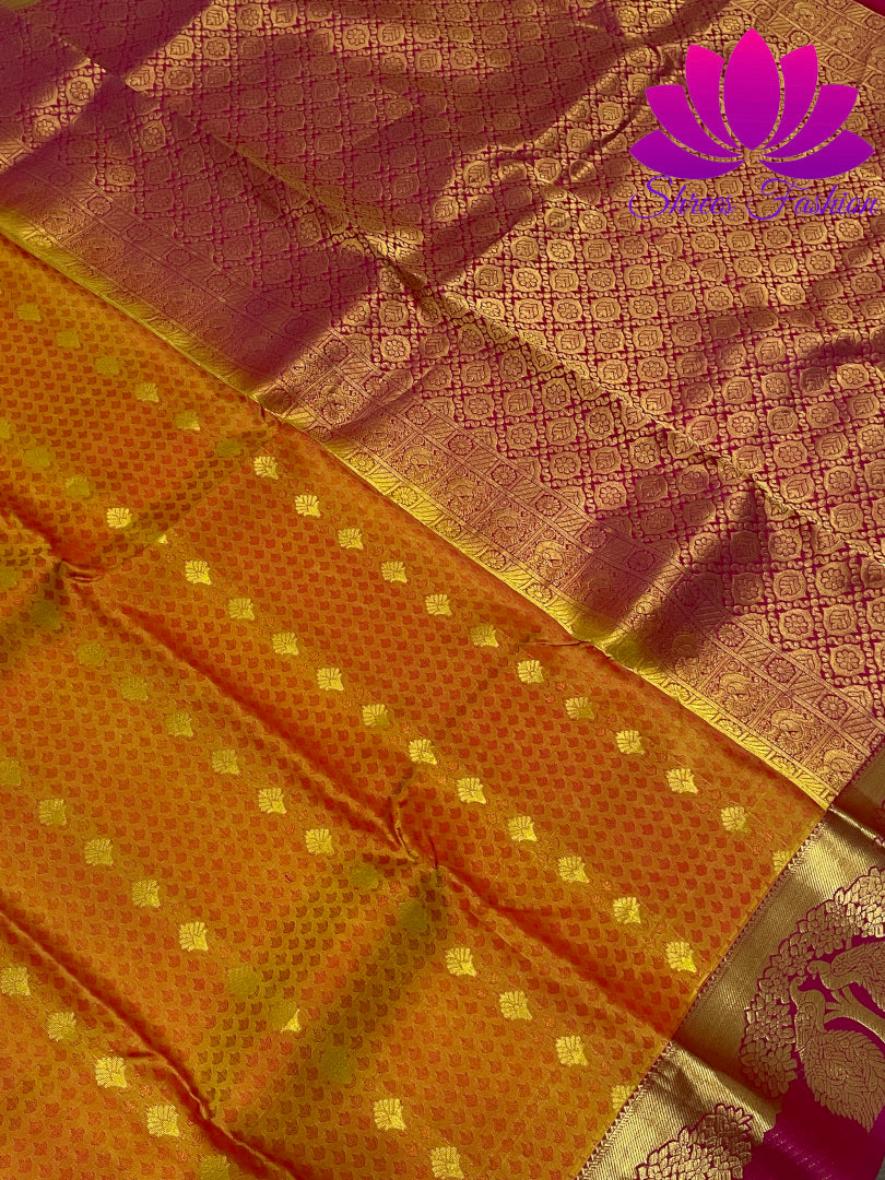 Mustard Yellow with Pink Colour Gold Zari Embossed Design Kanchipuram Silk Saree - Shrees  Fashion Australia