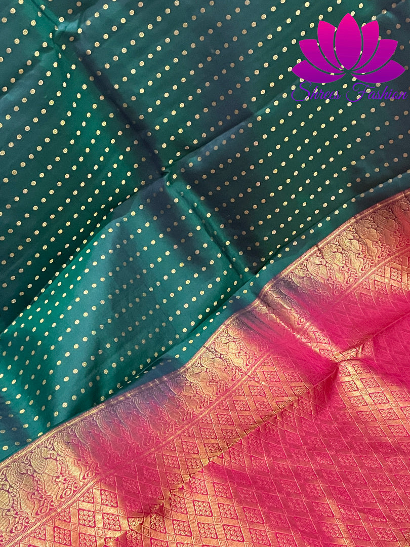 Bottle Green With Red Colour Combinations Dotted Design Kanchipuram Silk Saree - Shrees  Fashion Australia