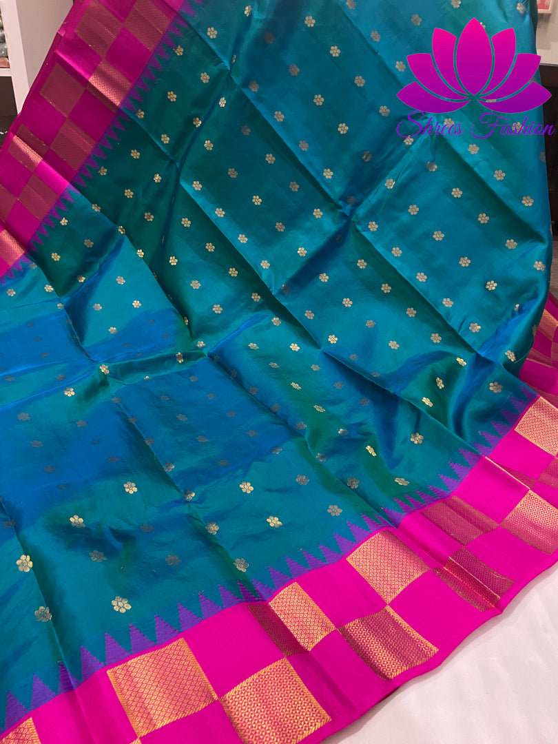 Peacock Blue With Rani Pink Colour Combination Kanchipuram Silk Saree - Shrees  Fashion Australia