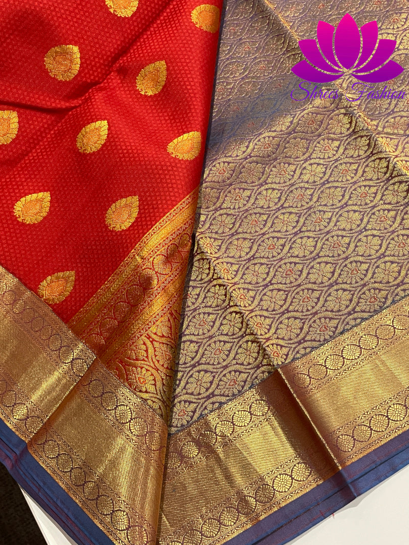 Red with Violet Colour Gold Zari Design Kanchipuram Silk Saree - Shrees  Fashion Australia