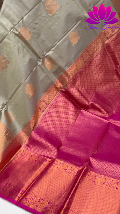 Grey with Rani Pink Copper Zari Butta Design Kanchipuram Silk Saree - Shrees  Fashion Australia