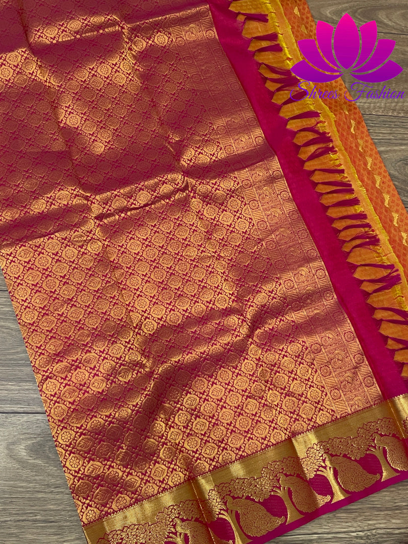 Mustard Yellow with Pink Colour Gold Zari Embossed Design Kanchipuram Silk Saree - Shrees  Fashion Australia