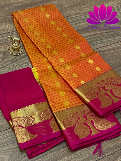 Mustard Yellow with Pink Colour Gold Zari Embossed Design Kanchipuram Silk Saree - Shrees  Fashion Australia