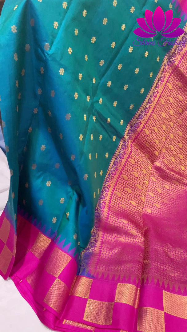 Peacock Blue With Rani Pink Colour Combination Kanchipuram Silk Saree - Shrees  Fashion Australia