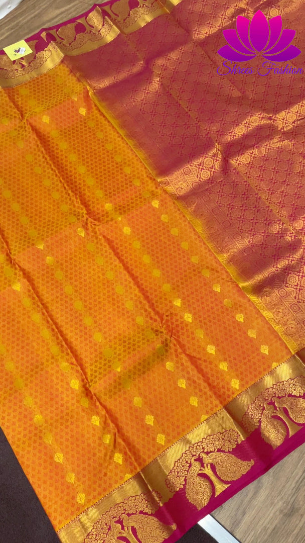 Mustard Yellow with Pink Colour Gold Zari Embossed Design Kanchipuram Silk Saree - Shrees  Fashion Australia