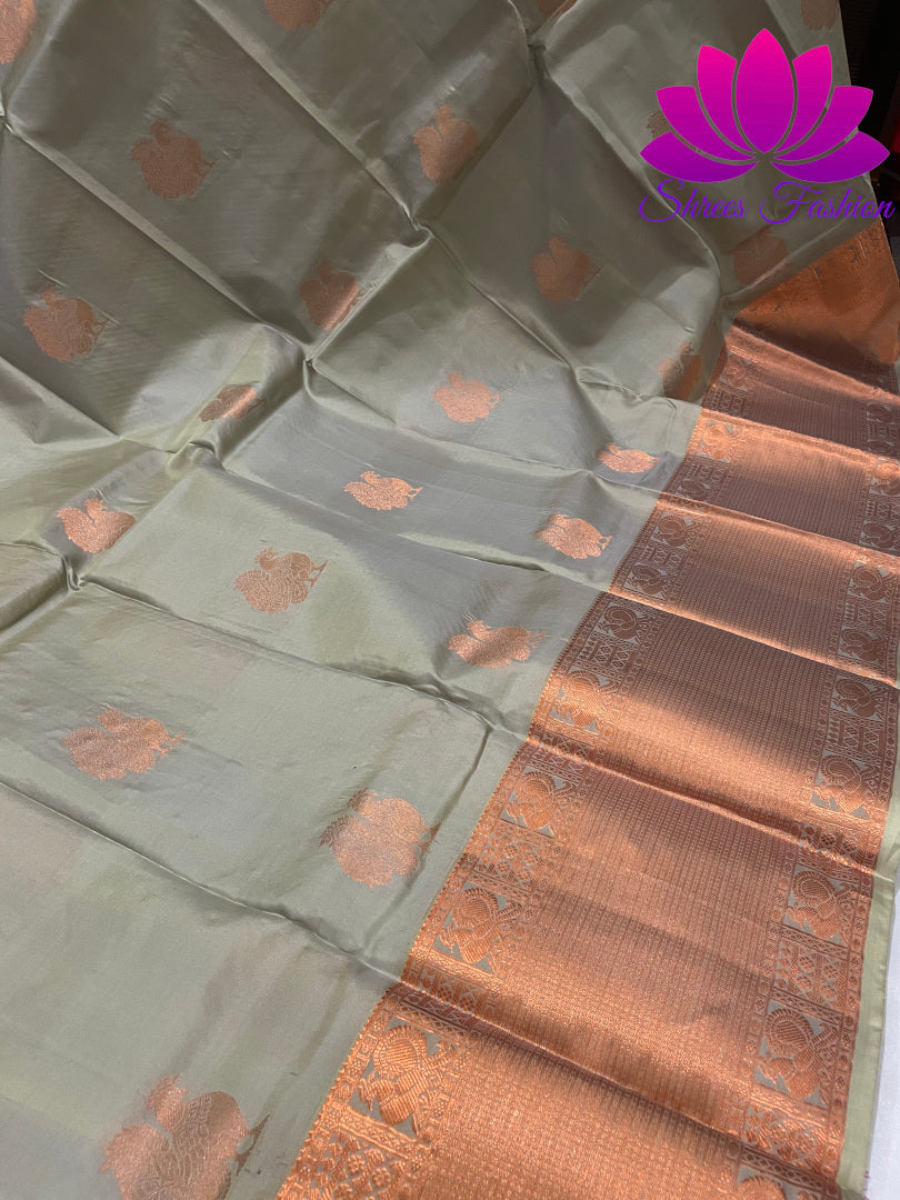 Grey with Rani Pink Copper Zari Butta Design Kanchipuram Silk Saree - Shrees  Fashion Australia