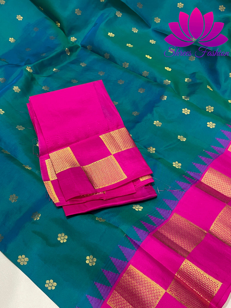 Peacock Blue With Rani Pink Colour Combination Kanchipuram Silk Saree - Shrees  Fashion Australia