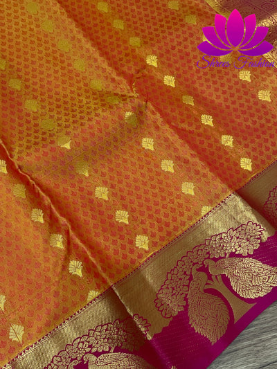 Mustard Yellow with Pink Colour Gold Zari Embossed Design Kanchipuram Silk Saree - Shrees  Fashion Australia