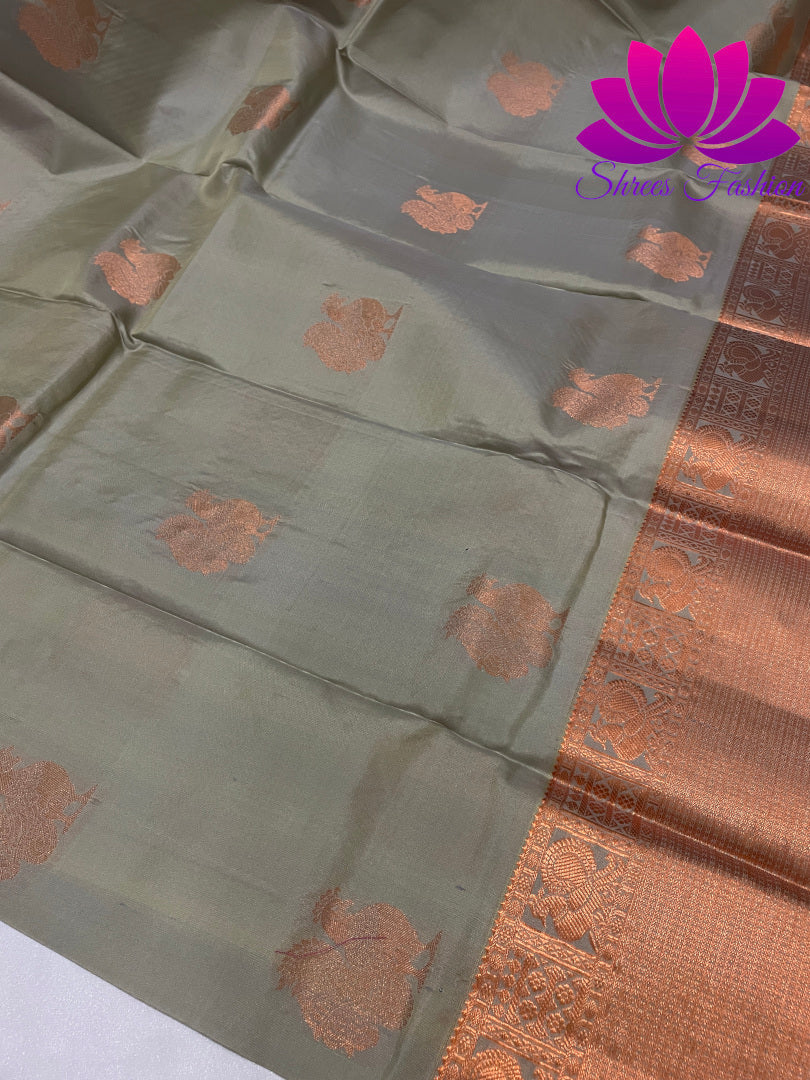 Grey with Rani Pink Copper Zari Butta Design Kanchipuram Silk Saree - Shrees  Fashion Australia