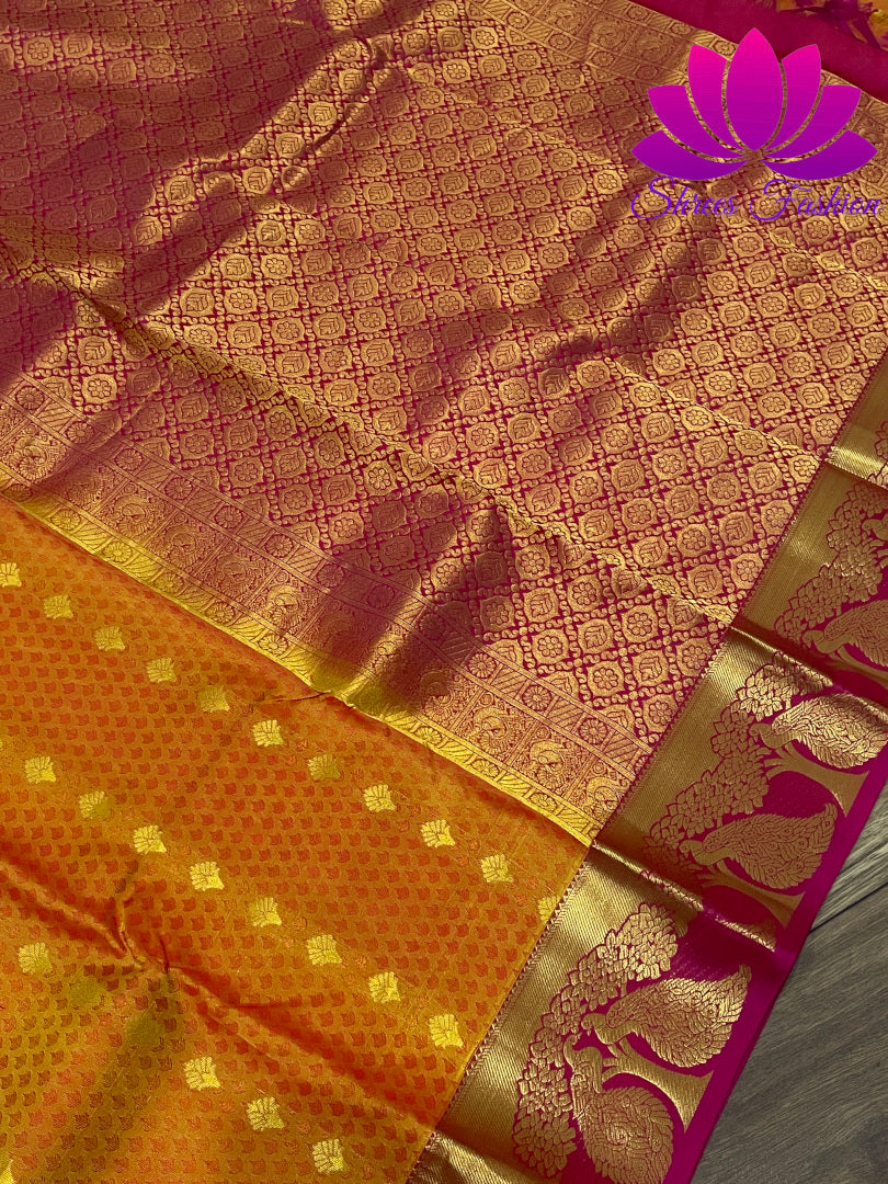 Mustard Yellow with Pink Colour Gold Zari Embossed Design Kanchipuram Silk Saree - Shrees  Fashion Australia