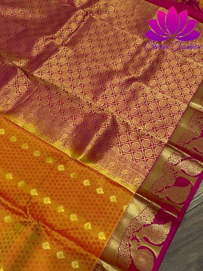 Mustard Yellow with Pink Colour Gold Zari Embossed Design Kanchipuram Silk Saree - Shrees  Fashion Australia