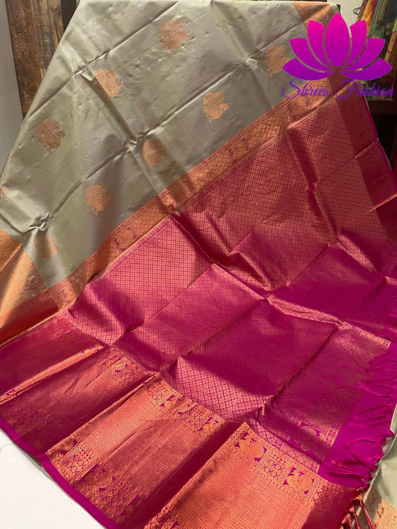 Grey with Rani Pink Copper Zari Butta Design Kanchipuram Silk Saree - Shrees  Fashion Australia