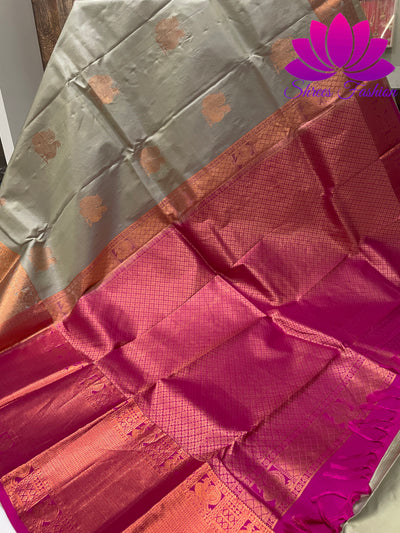 Grey with Rani Pink Copper Zari Butta Design Kanchipuram Silk Saree - Shrees  Fashion Australia