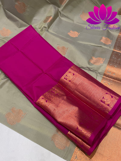 Grey with Rani Pink Copper Zari Butta Design Kanchipuram Silk Saree - Shrees  Fashion Australia