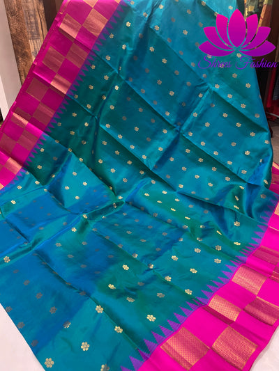 Peacock Blue With Rani Pink Colour Combination Kanchipuram Silk Saree - Shrees  Fashion Australia