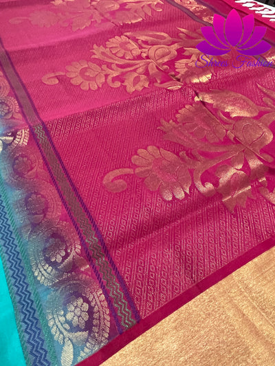 Exquisite Pure Silk Saree in Cyan with Rani Pink Pallu | Online Silk Sarees Melbourne - Shrees  Fashion Australia