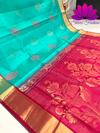 Exquisite Pure Silk Saree in Cyan with Rani Pink Pallu | Online Silk Sarees Melbourne - Shrees  Fashion Australia