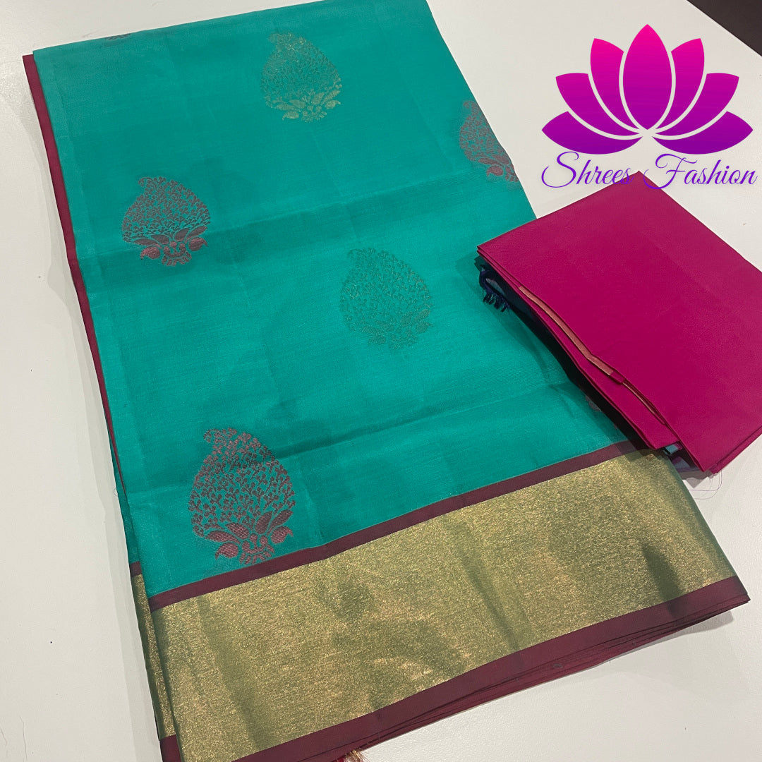 Exquisite Pure Silk Saree in Cyan with Rani Pink Pallu | Online Silk Sarees Melbourne - Shrees  Fashion Australia