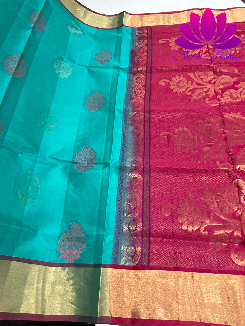 Exquisite Pure Silk Saree in Cyan with Rani Pink Pallu | Online Silk Sarees Melbourne - Shrees  Fashion Australia