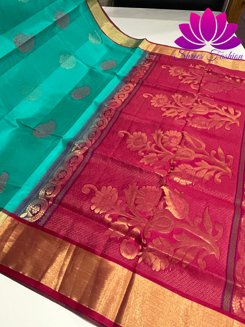 Exquisite Pure Silk Saree in Cyan with Rani Pink Pallu | Online Silk Sarees Melbourne - Shrees  Fashion Australia