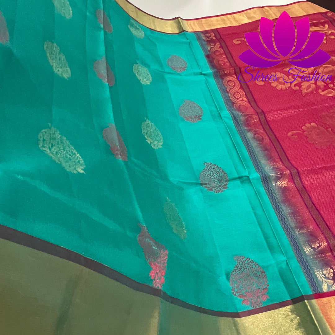 Exquisite Pure Silk Saree in Cyan with Rani Pink Pallu | Online Silk Sarees Melbourne - Shrees  Fashion Australia