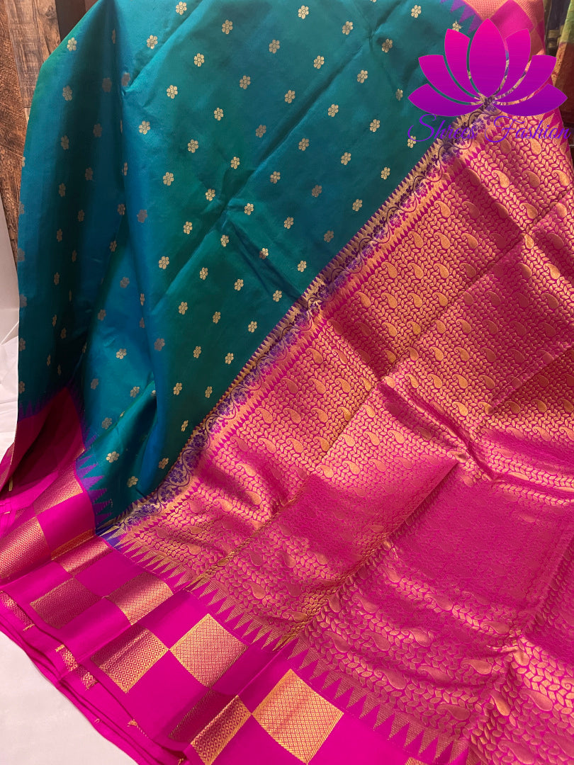 Peacock Blue With Rani Pink Colour Combination Kanchipuram Silk Saree - Shrees  Fashion Australia