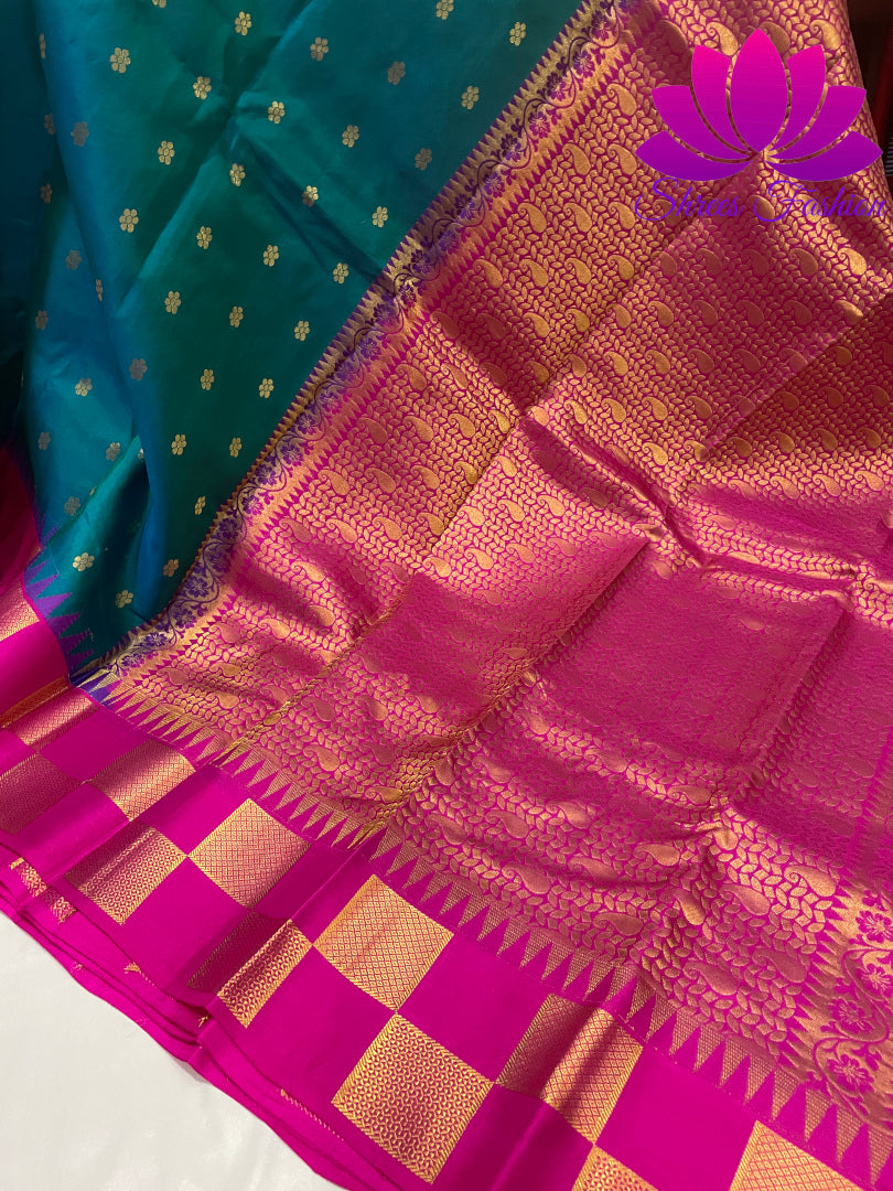 Peacock Blue With Rani Pink Colour Combination Kanchipuram Silk Saree - Shrees  Fashion Australia