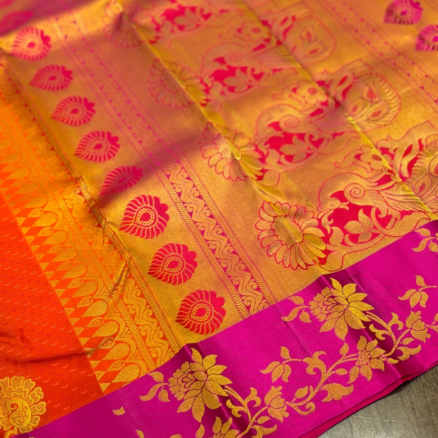 Radiant Orange and Magenta Kanchipuram Silk Saree