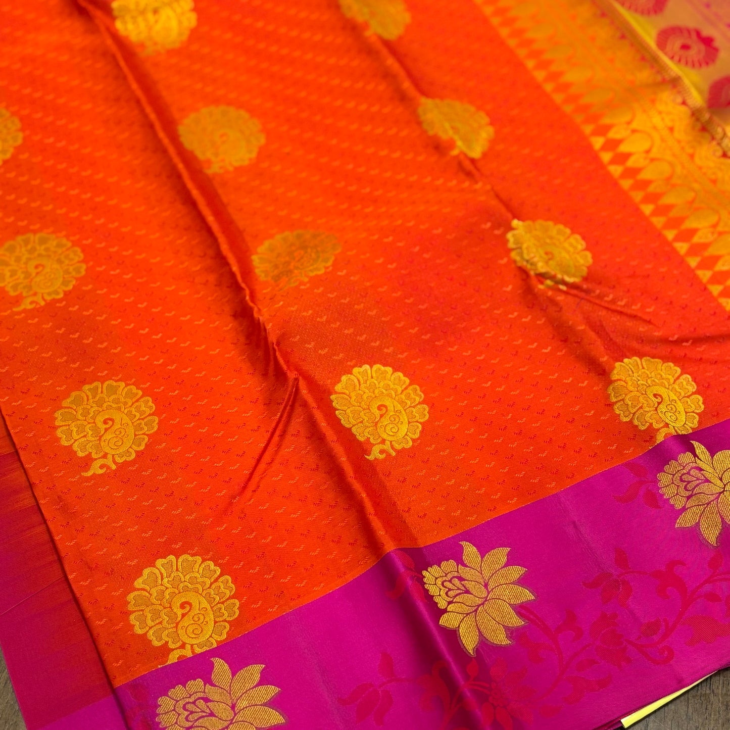 Radiant Orange and Magenta Kanchipuram Silk Saree