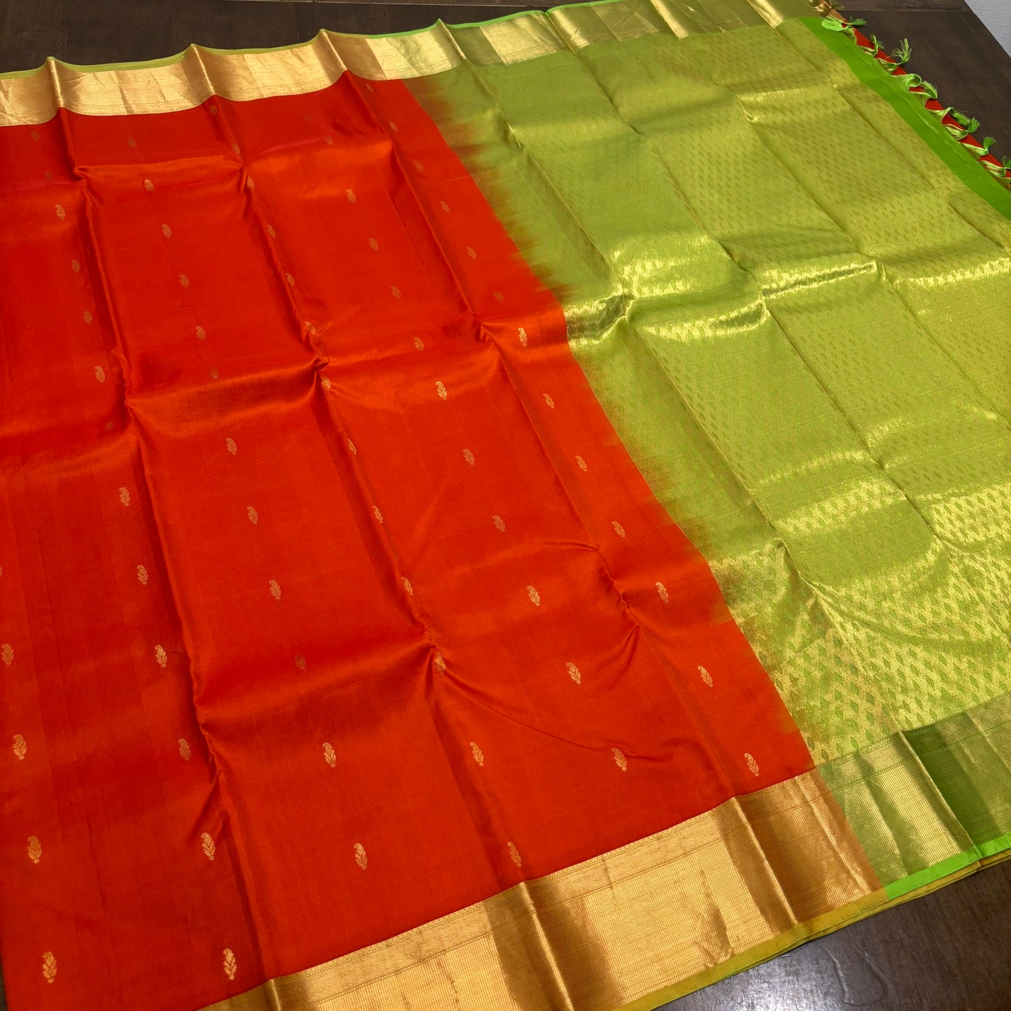 Vibrant Orange and Parrot Green Kanchipuram Silk Saree