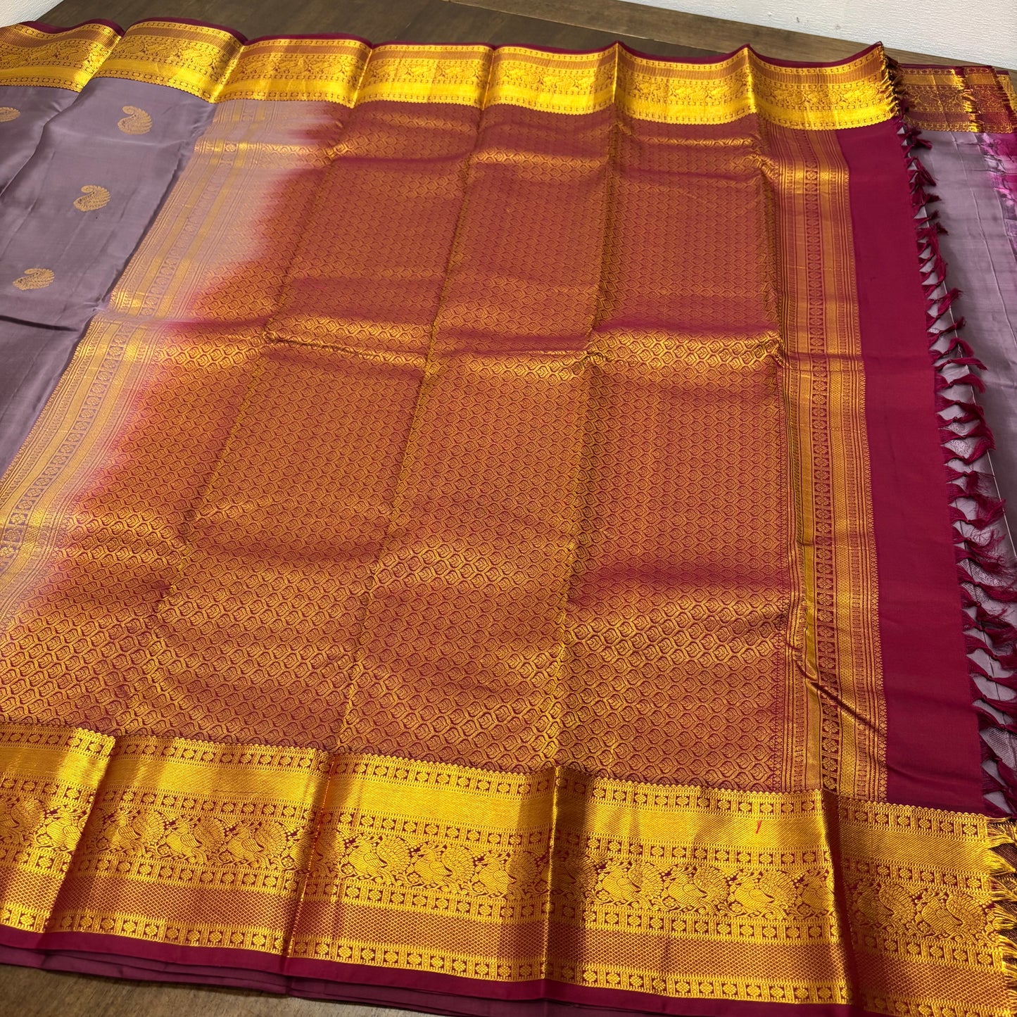 Elegant Pastel Purple and Maroon Kanchipuram Silk Saree