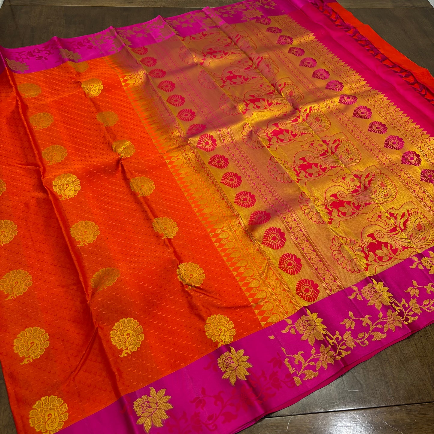 Radiant Orange and Magenta Kanchipuram Silk Saree