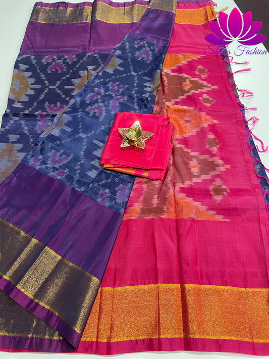 Blissful Harmony: Blue and Pink Pochampalli Semi-Silk Saree