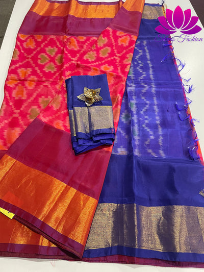 Tranquil Radiance: Pink and Blue Pochampalli Semi-Silk Saree