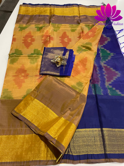 Blue Skies: Half White and Blue Pochampalli Semi-Silk Saree