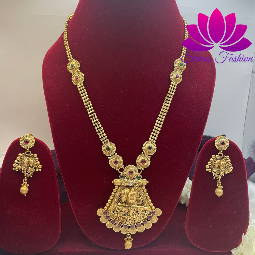 Divine Harmony: Matte Finish Haram with Radiant Radha Krishna Pendant