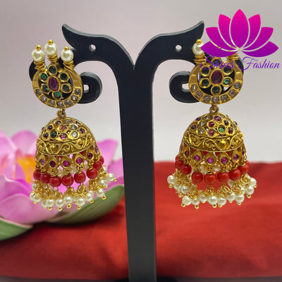 Luminous Crescent: Chand Design Jhumka Adorned with Orange and White Beads