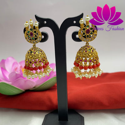 Luminous Crescent: Chand Design Jhumka Adorned with Orange and White Beads