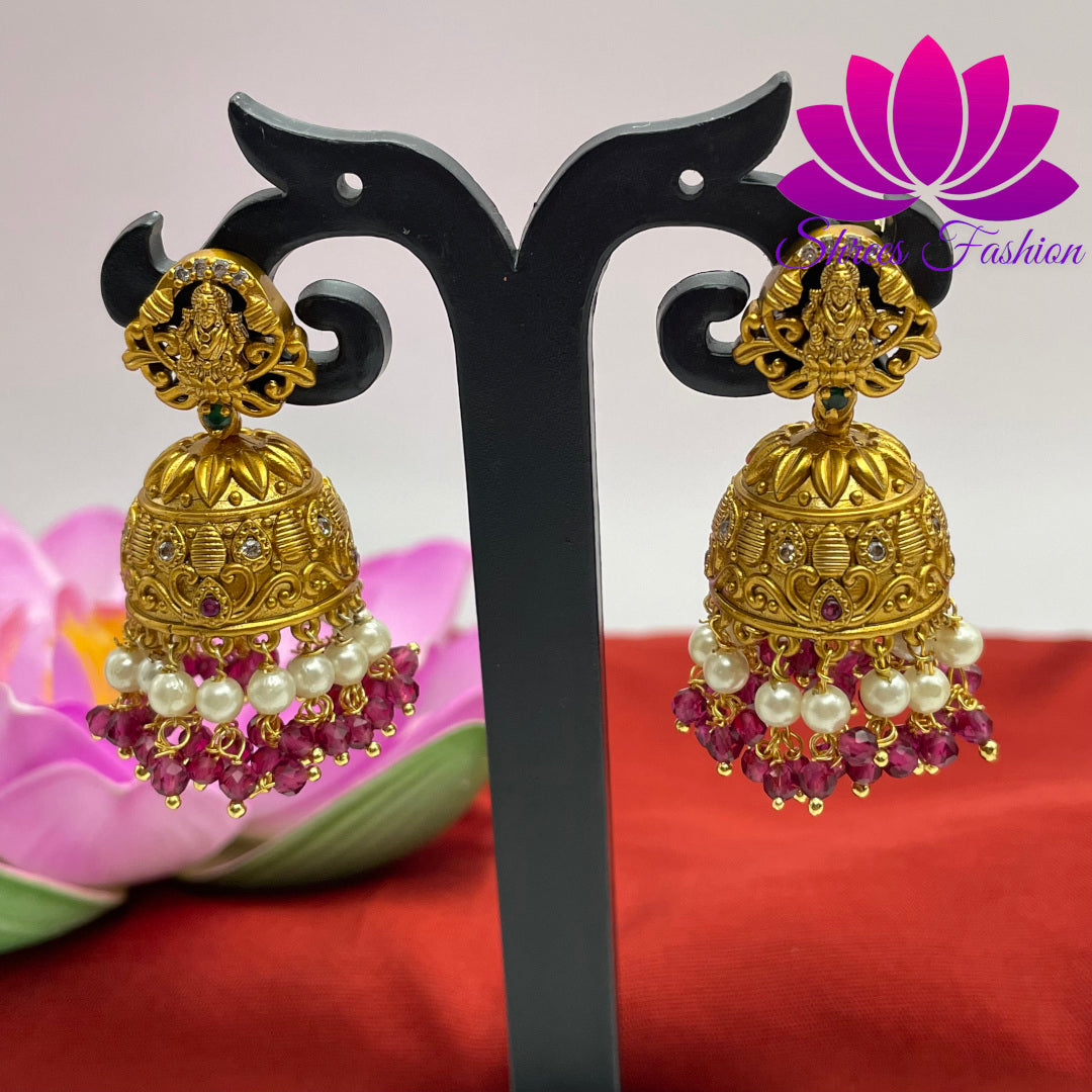 Sacred Radiance: Temple Design Jhumka Embellished with Maroon and White Beads