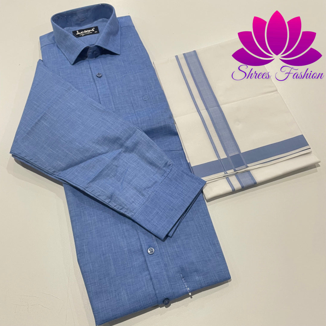 Serenity in Style: Light Blue Shirt Paired with Classic Veshti/ Dhoti Ensemble