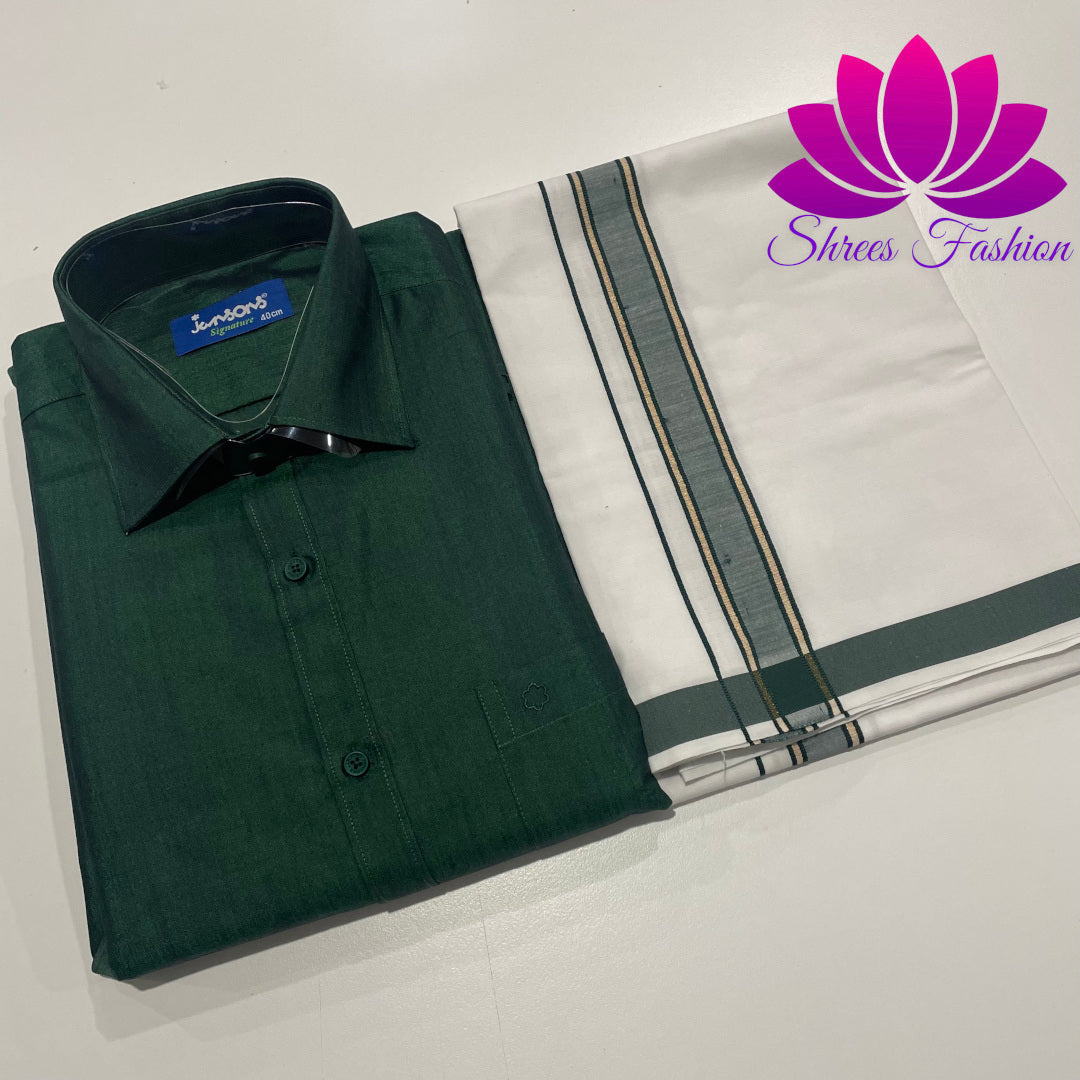 Regal Elegance: Bottle Green Shirt Paired with Timeless Veshti Ensemble