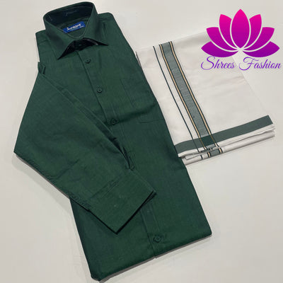 Regal Elegance: Bottle Green Shirt Paired with Timeless Veshti Ensemble