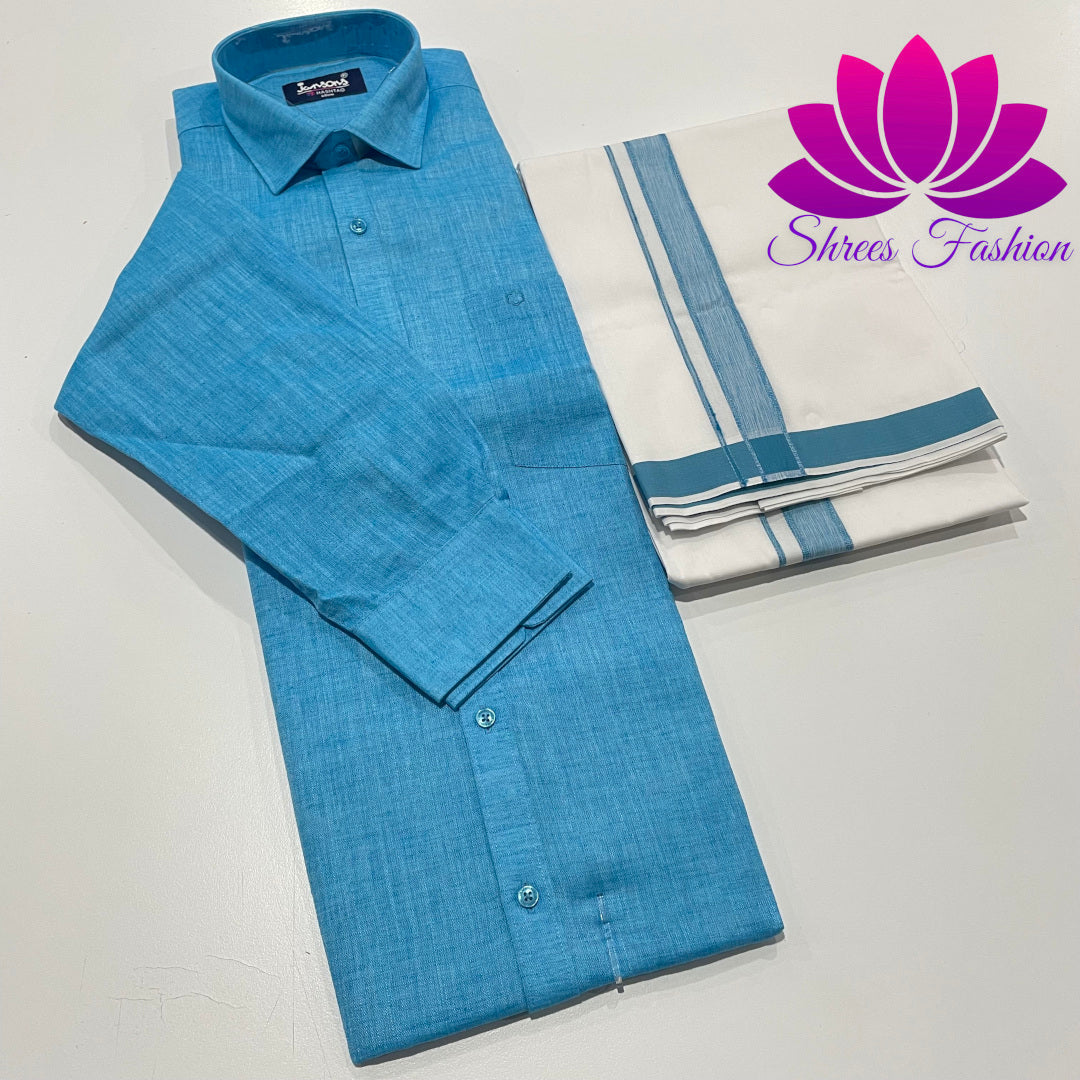 Sky Serenity: A Classic Fusion of Blue Shirt and Veshti / Dhoti Elegance