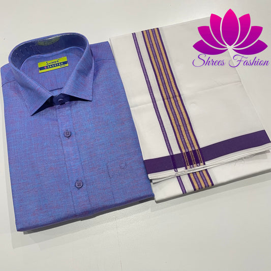 Regal Radiance: Purplish Blue Shirt Paired with Timeless Veshti/Dhoti Elegance