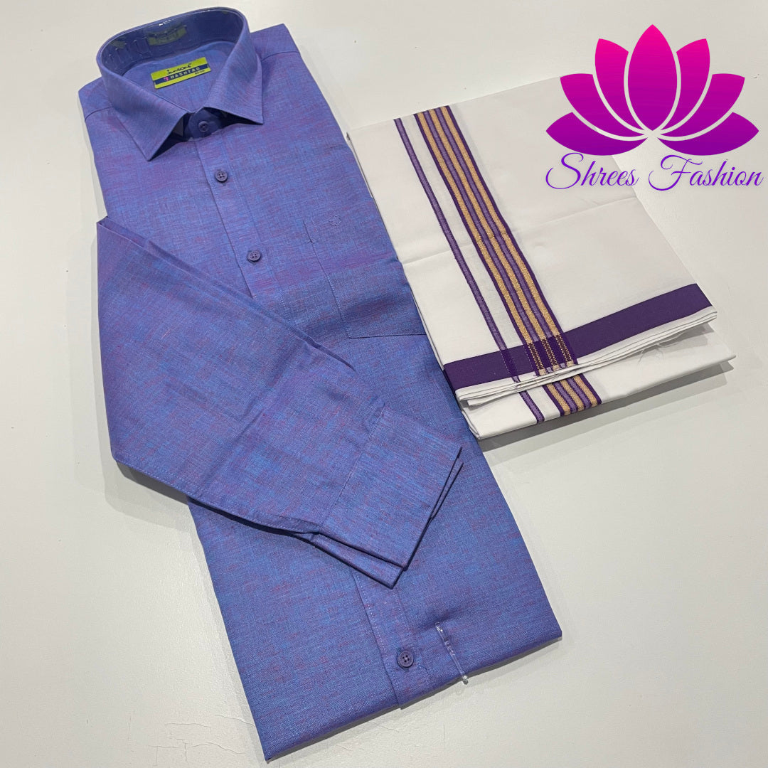 Regal Radiance: Purplish Blue Shirt Paired with Timeless Veshti/Dhoti Elegance