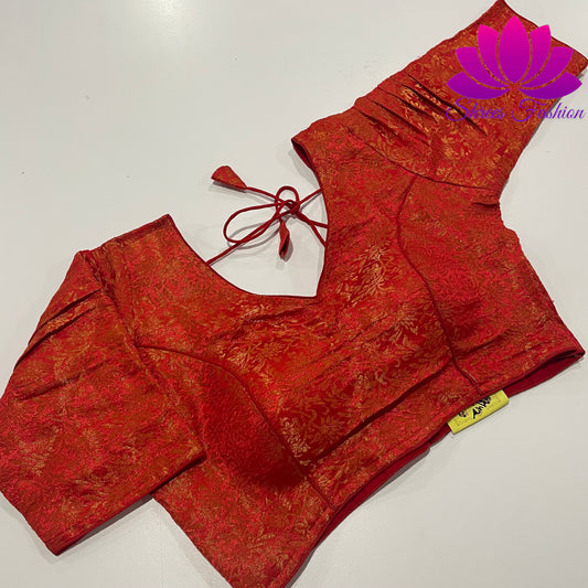 Scarlet Elegance: Red Saree Blouse with Puffed Sleeves