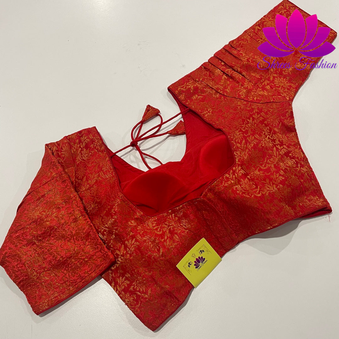 Scarlet Elegance: Red Saree Blouse with Puffed Sleeves