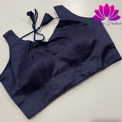 Azure Whisper: Instant Navy Blue Raw Silk Blouse